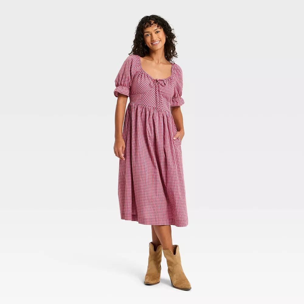 Women's Puff Elbow Sleeve Midi A-Line Dress - Universal Thread Red Check S